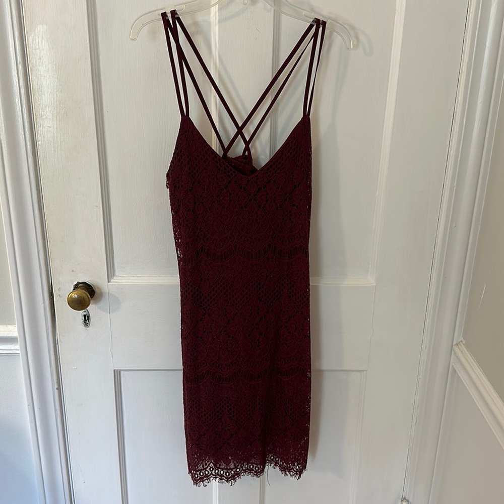 Miami cranberry lace shift dress with cross back detail